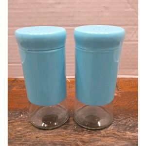 Blue Glass Salt and Pepper Shakers Set Aqua Turquoise Retro Modern Kitchenware